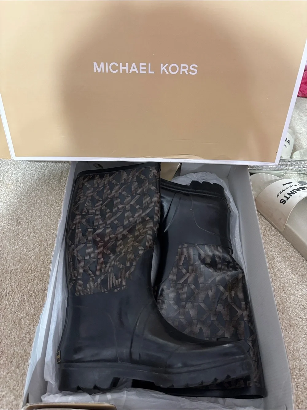 Michael Kors Black and Brown MK Logo Rain Boots